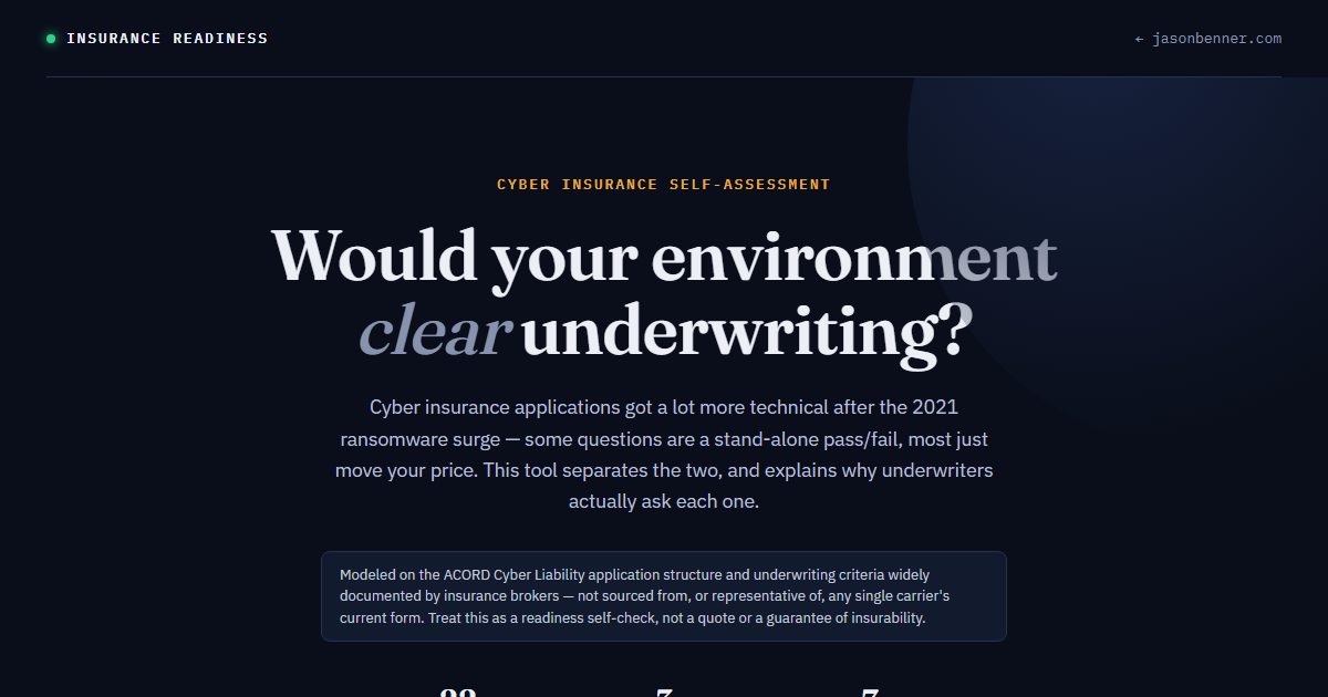 Insurance Readiness — cyber insurance underwriting self-assessment tool